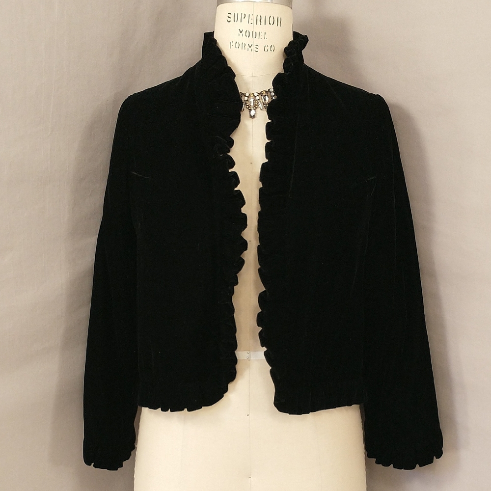Soft Velvet Elegant Black Ruffled Women's Jacket High Quality See Measurements